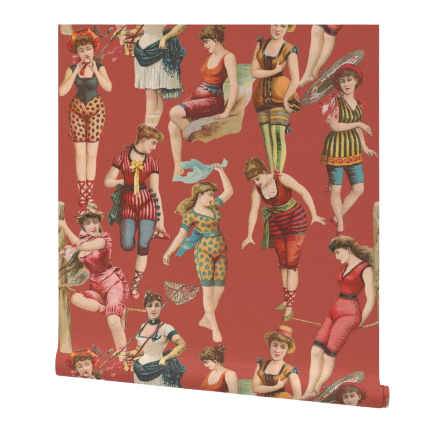 partially rolled wallpaper with vintage-style illustrations of women in colorful outfits on a red background