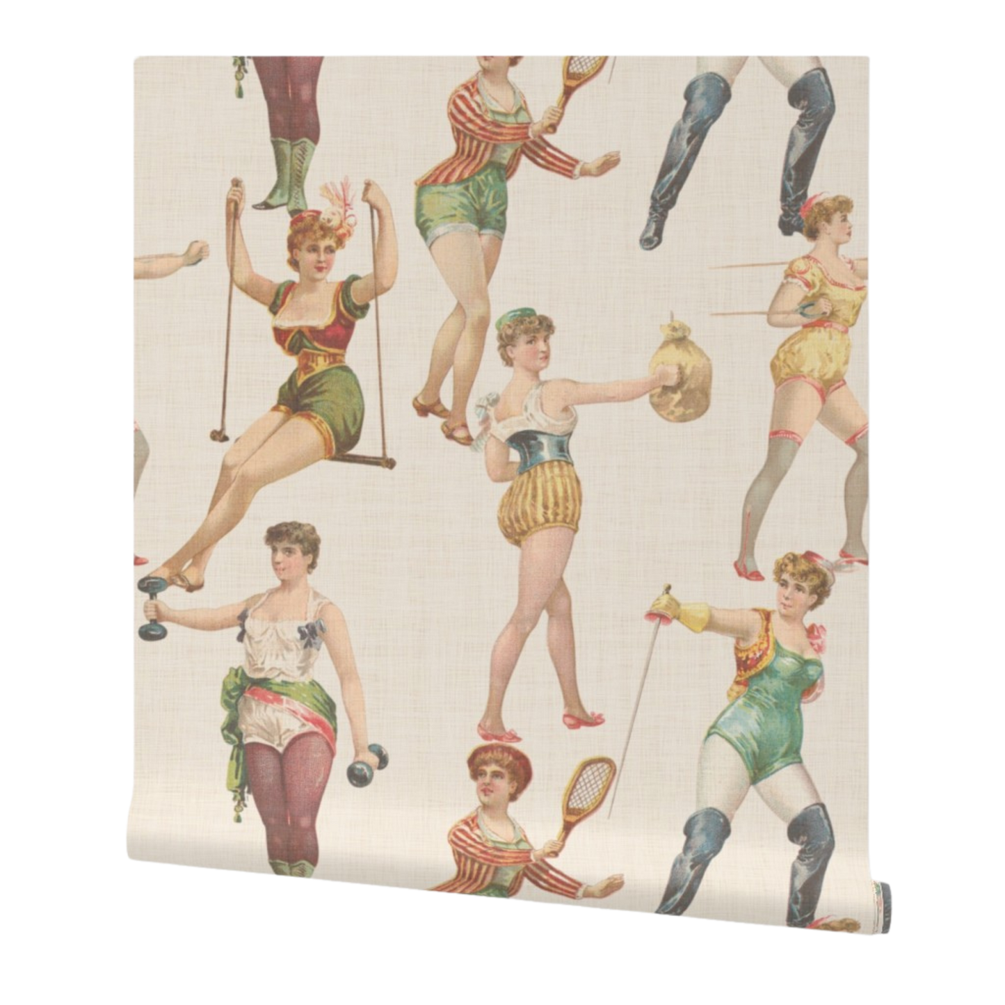 partially rolled wallpaper with vintage-style illustrations of victorian women working out on a white background