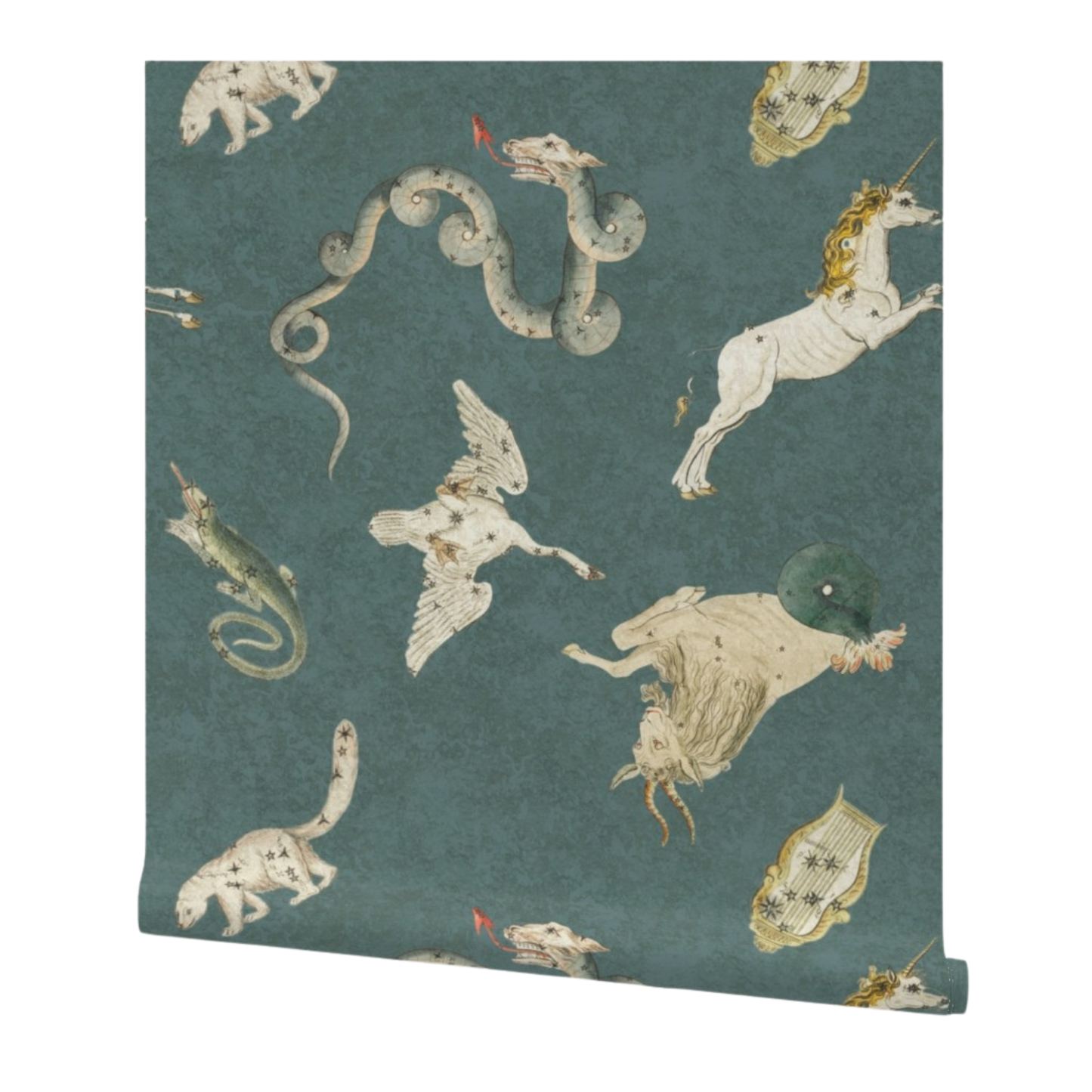 partially rolled wallpaper patterned with illustrations of mythical creatures on a teal background