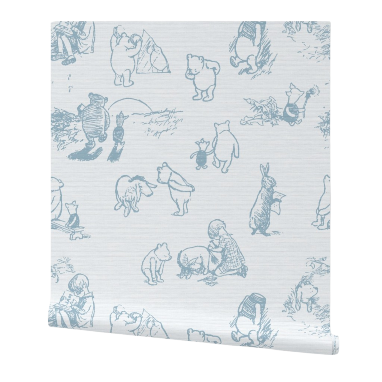 Roll of wallpaper with cartoon characters in blue on a white background