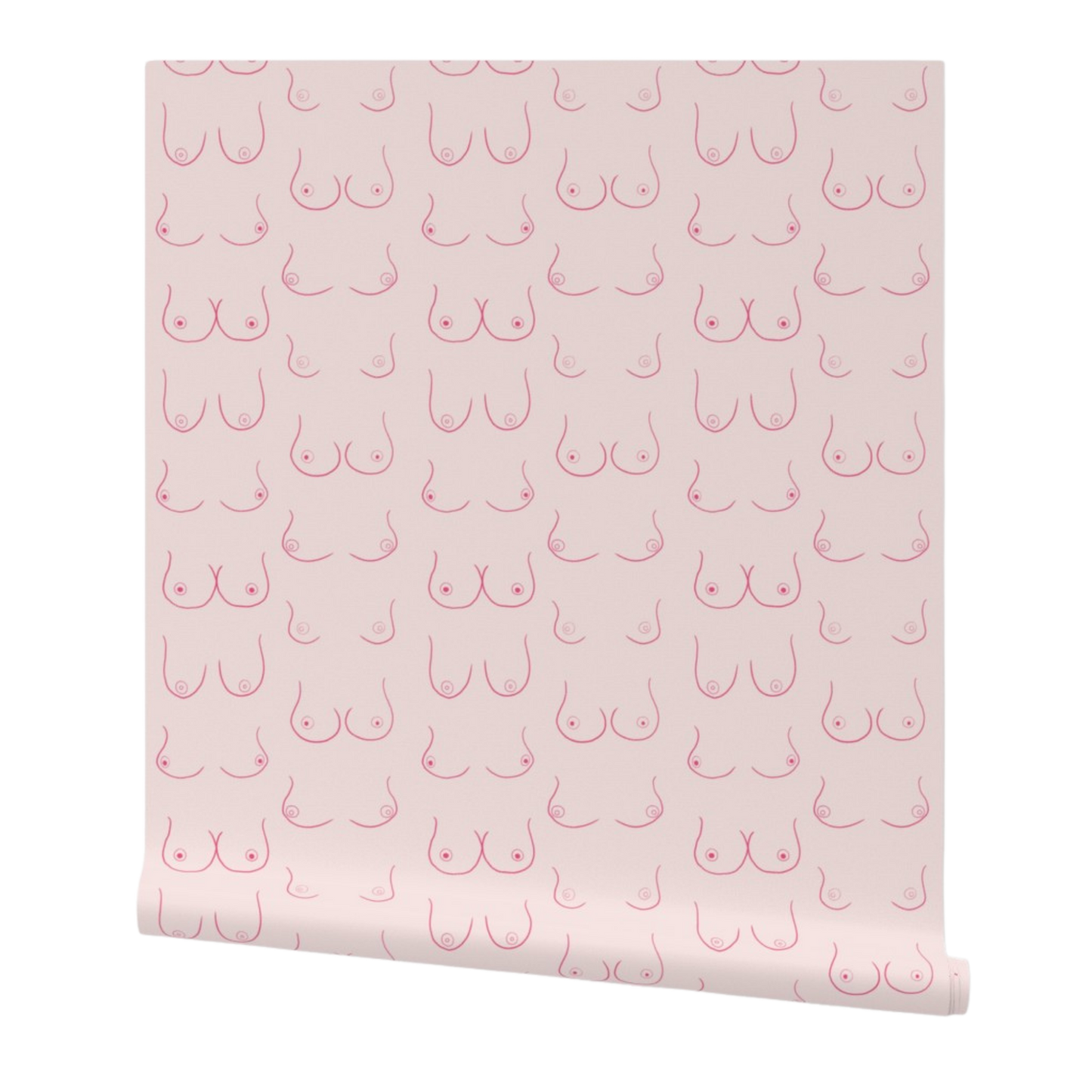 partially rolled wallpaper with magenta hand drawn linework-style illustrations of boobs on a light pink background