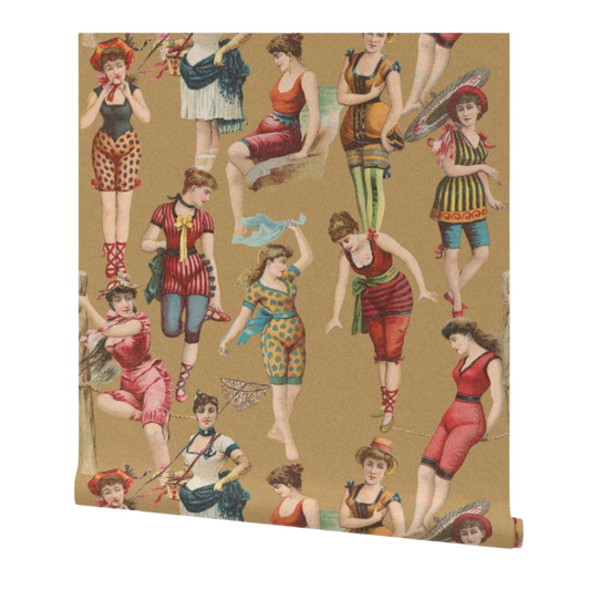 partially rolled wallpaper with vintage-style illustrations of women in colorful outfits on a beige background