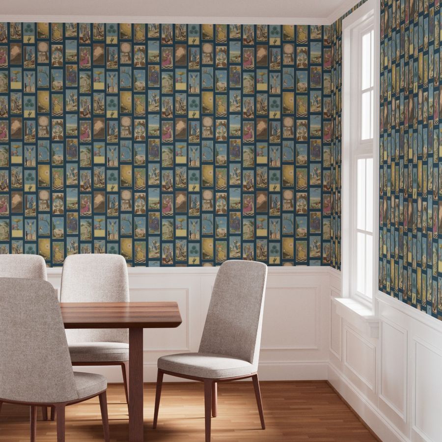 Dining room showcasing wallpaper, with a wooden table, and gray chairs