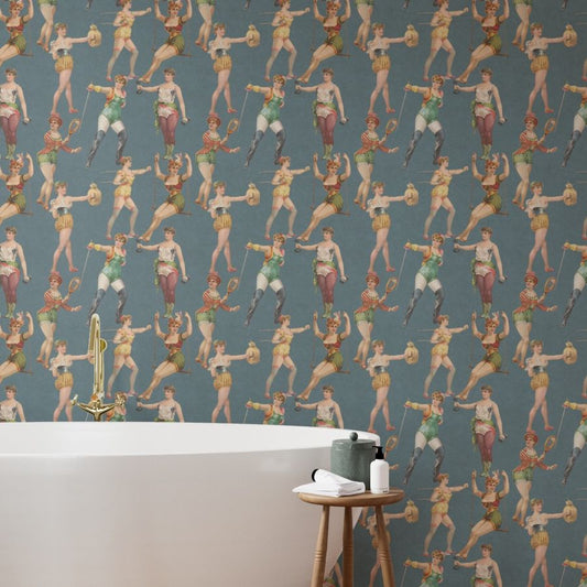 wallpaper with vintage-style illustrations of victorian women working out on a blue background applied to a bathroom wall