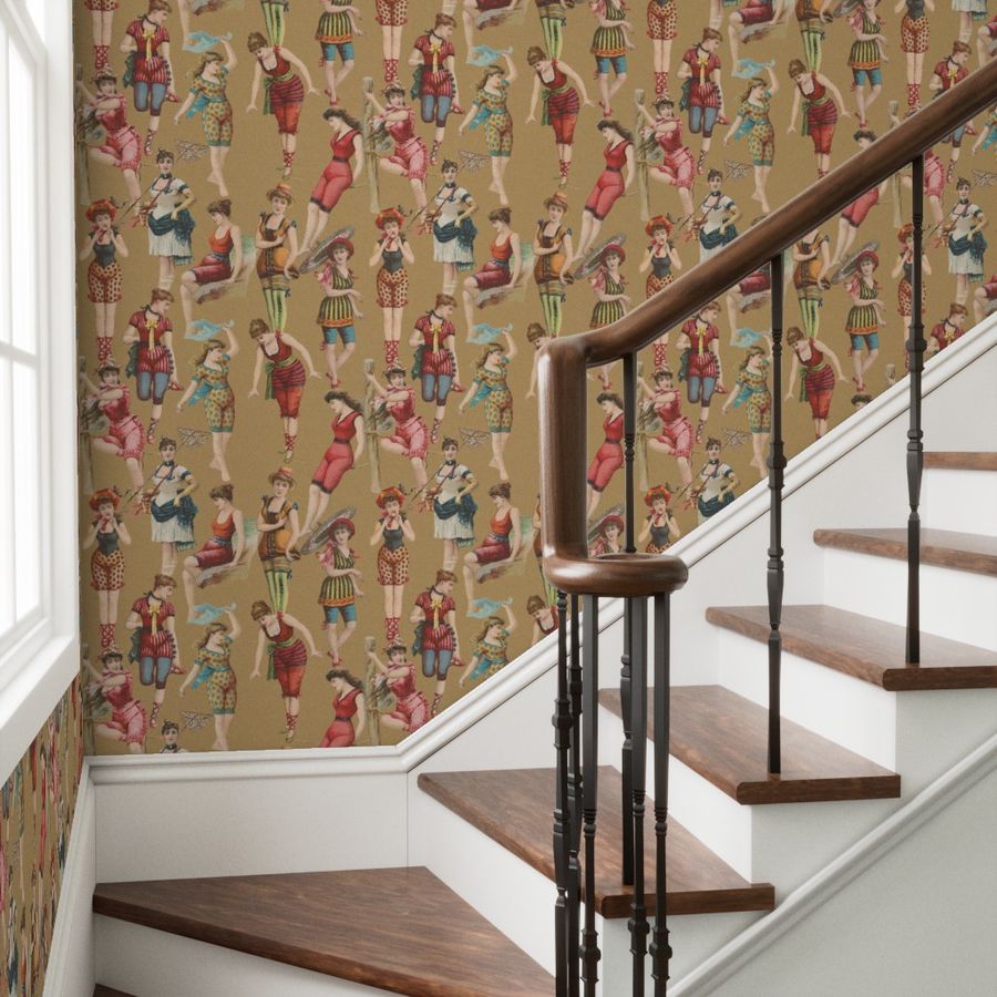 Staircase with wooden handrail and steps, featuring the vintage-style wallpaper 
