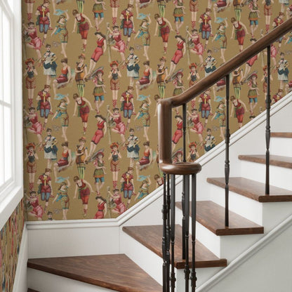 Staircase with wooden handrail and steps, featuring the vintage-style wallpaper 