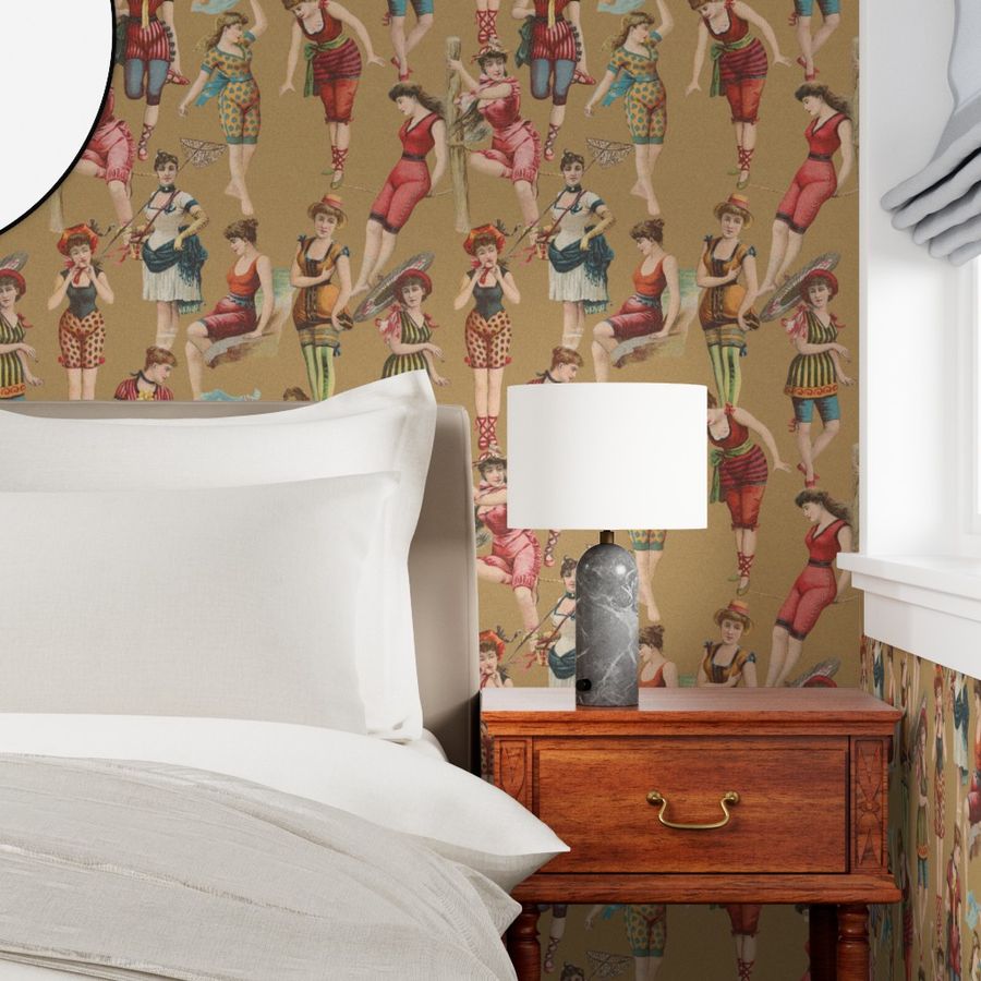 a bedroom with a made bed, wooden side table, and lamp to showcase the wallpaper