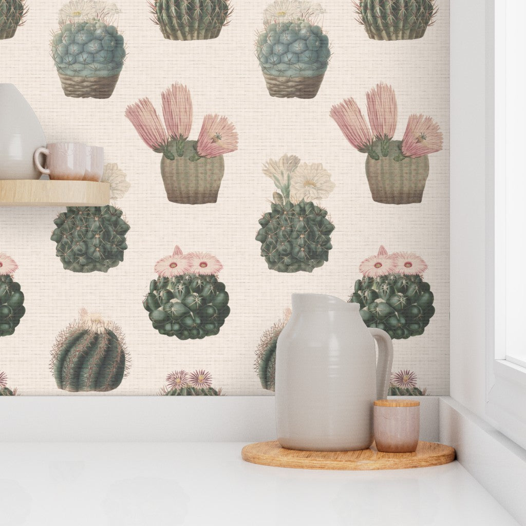ceramic pitcher on a wooden tray with cactus-themed wallpaper in the background