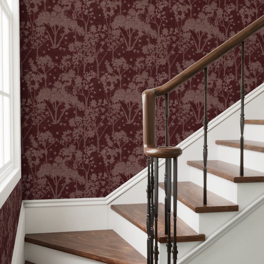 Staircase with wooden steps and a decorative railing showcasing the burgundy garden tapestry wallpaper.