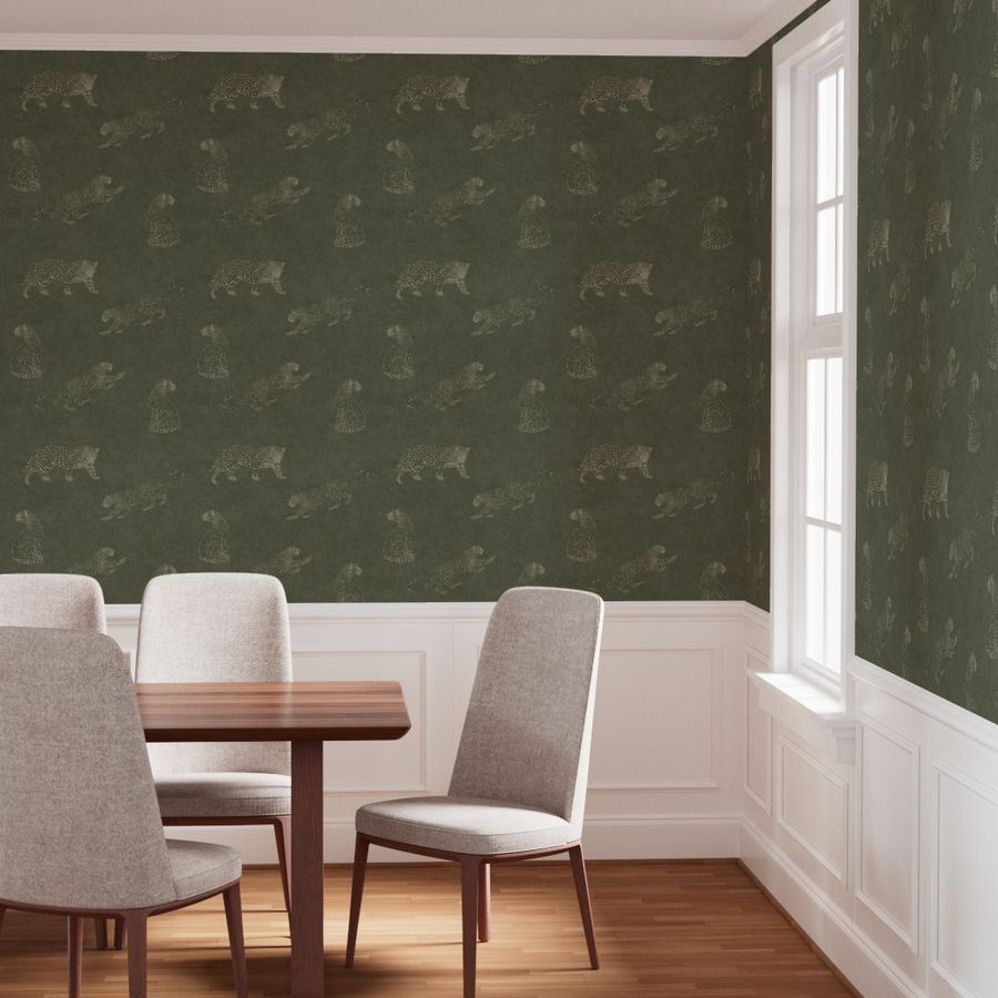 Dining room with Cheetah Tadelakt wallpaper in moss, wooden table, and gray chairs.