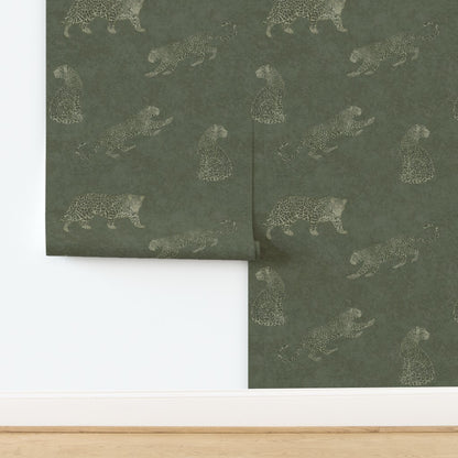 Cheetah Tadelakt wallpaper in moss rolled halfway down a wall.