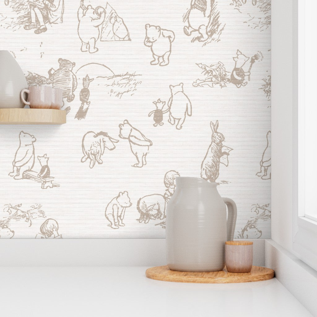 Decorative wallpaper with animal illustrations in a room with a pitcher and small container on a shelf.