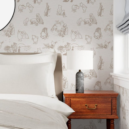 Bedroom with wooden nightstand, lamp, and patterned wallpaper