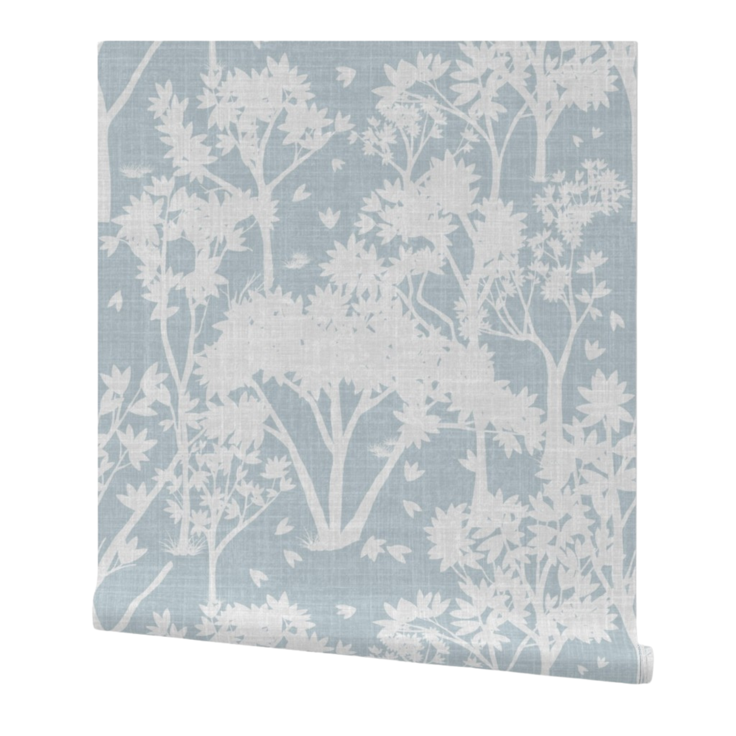 partially rolled wallpaper with a light garden pattern on a light blue background