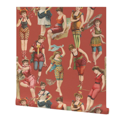 partially rolled wallpaper with vintage-style illustrations of women in colorful outfits on a red background
