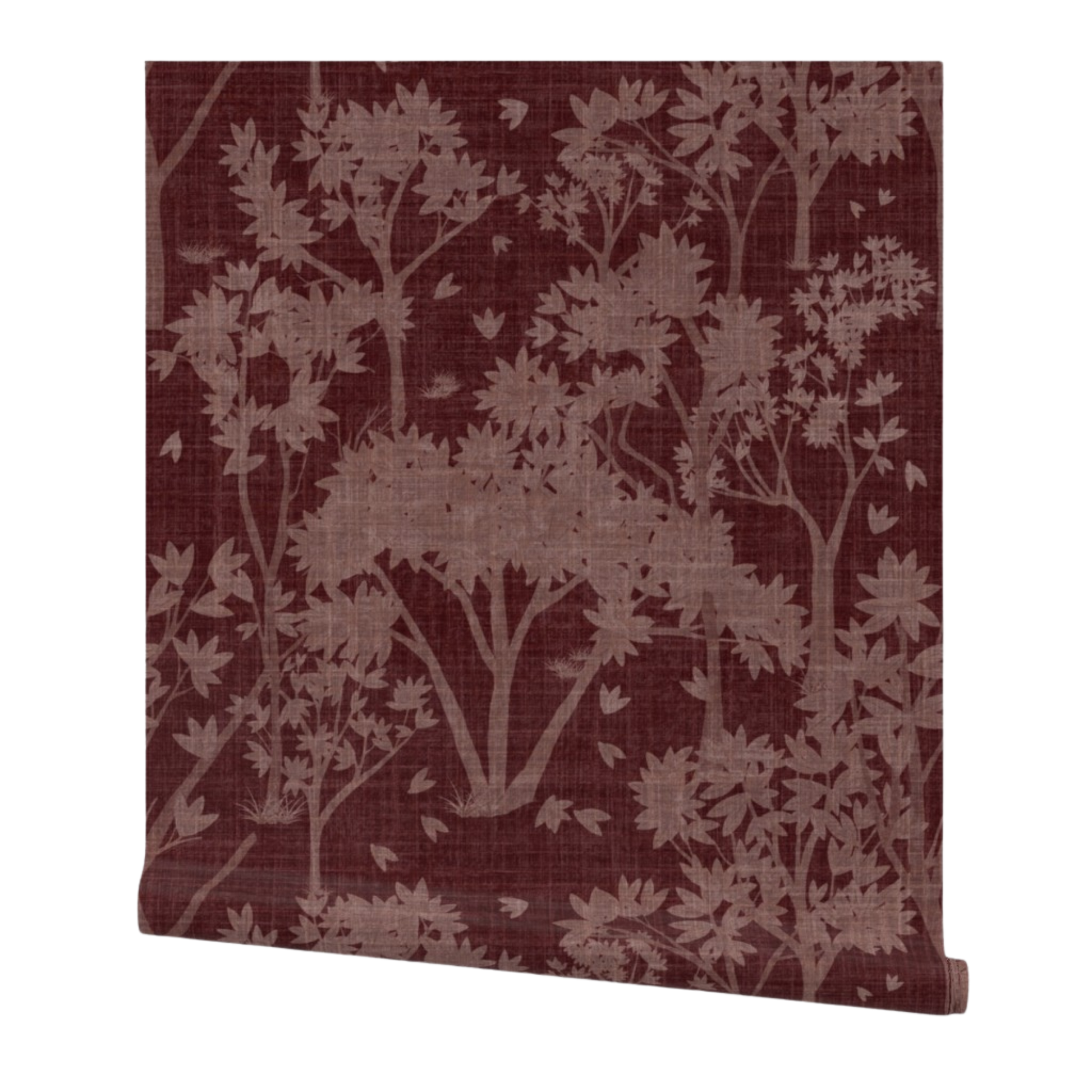 Partially rolled wallpaper with a pink garden pattern on a burgundy background
