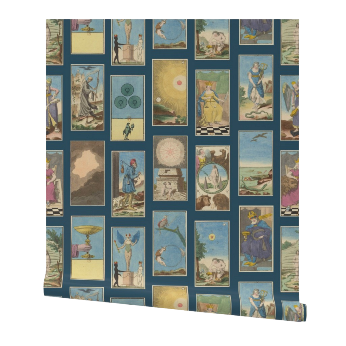 partially rolled wallpaper with a vintage-style tarot cards pattern arranged in a grid on a blue background