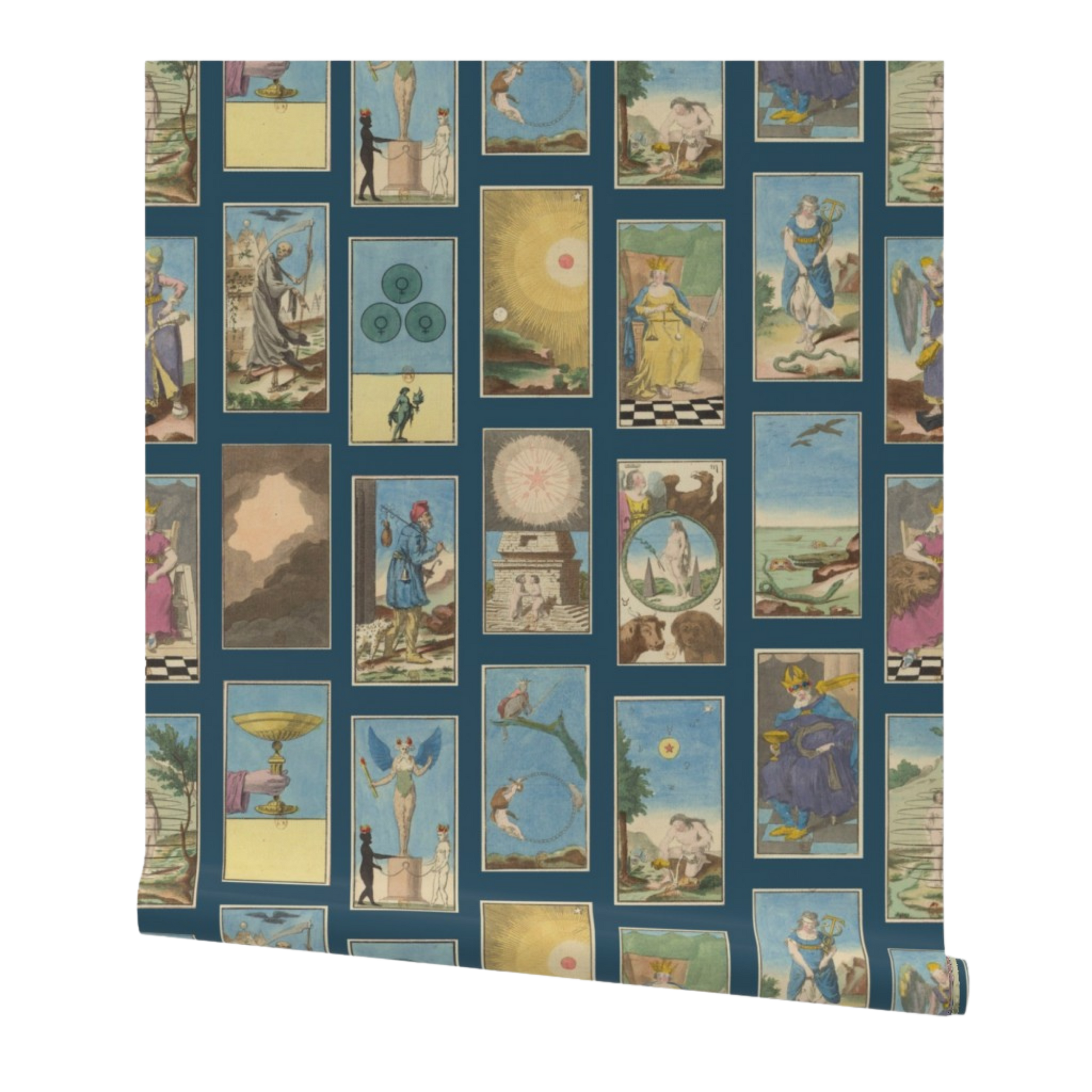 partially rolled wallpaper with a vintage-style tarot cards pattern arranged in a grid on a blue background