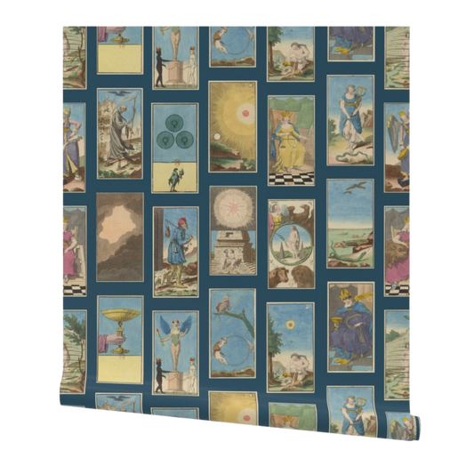 partially rolled wallpaper with a vintage-style tarot cards pattern arranged in a grid on a blue background