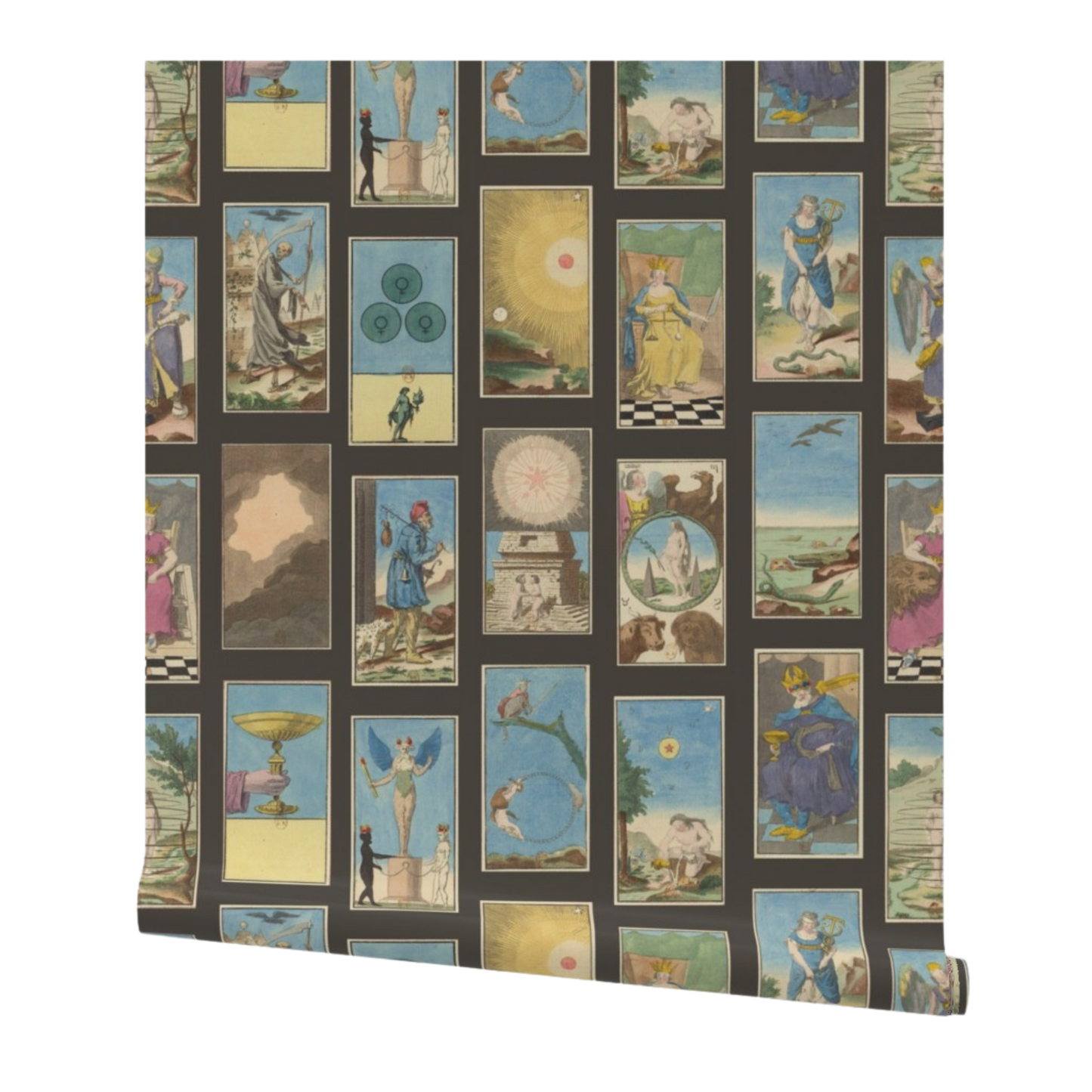 partially rolled wallpaper with a vintage-style tarot cards pattern arranged in a grid on a dark gray background