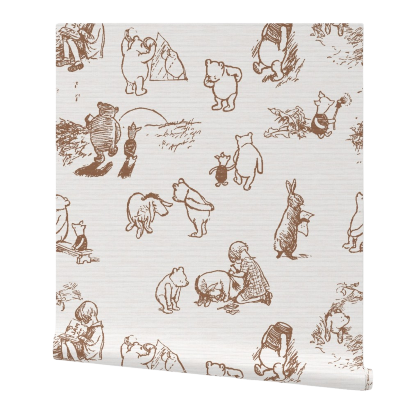 Patterned fabric with illustrations of characters on a white background