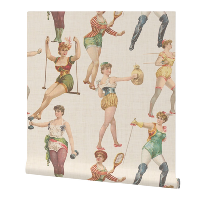 partially rolled wallpaper with vintage-style illustrations of victorian women working out on a white background