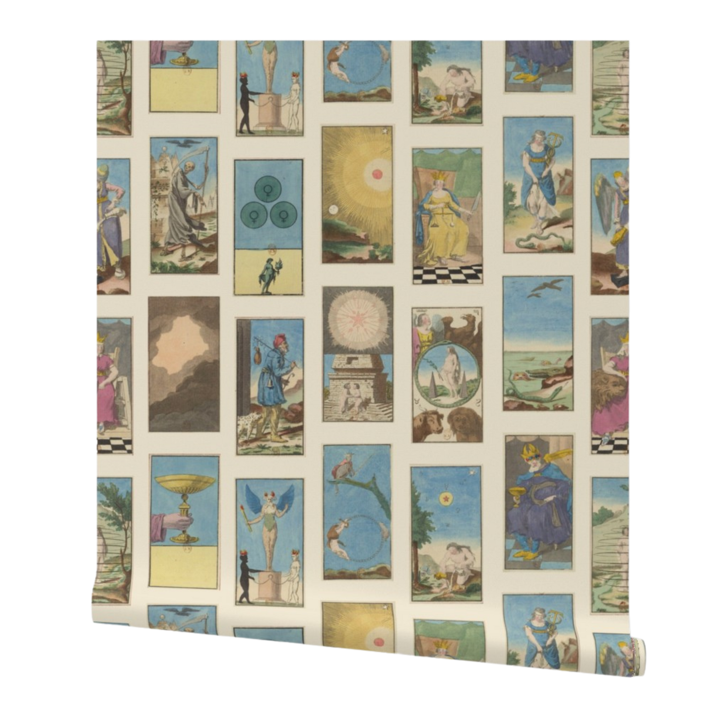 partially rolled wallpaper with a vintage-style tarot cards pattern arranged in a grid on a cream background