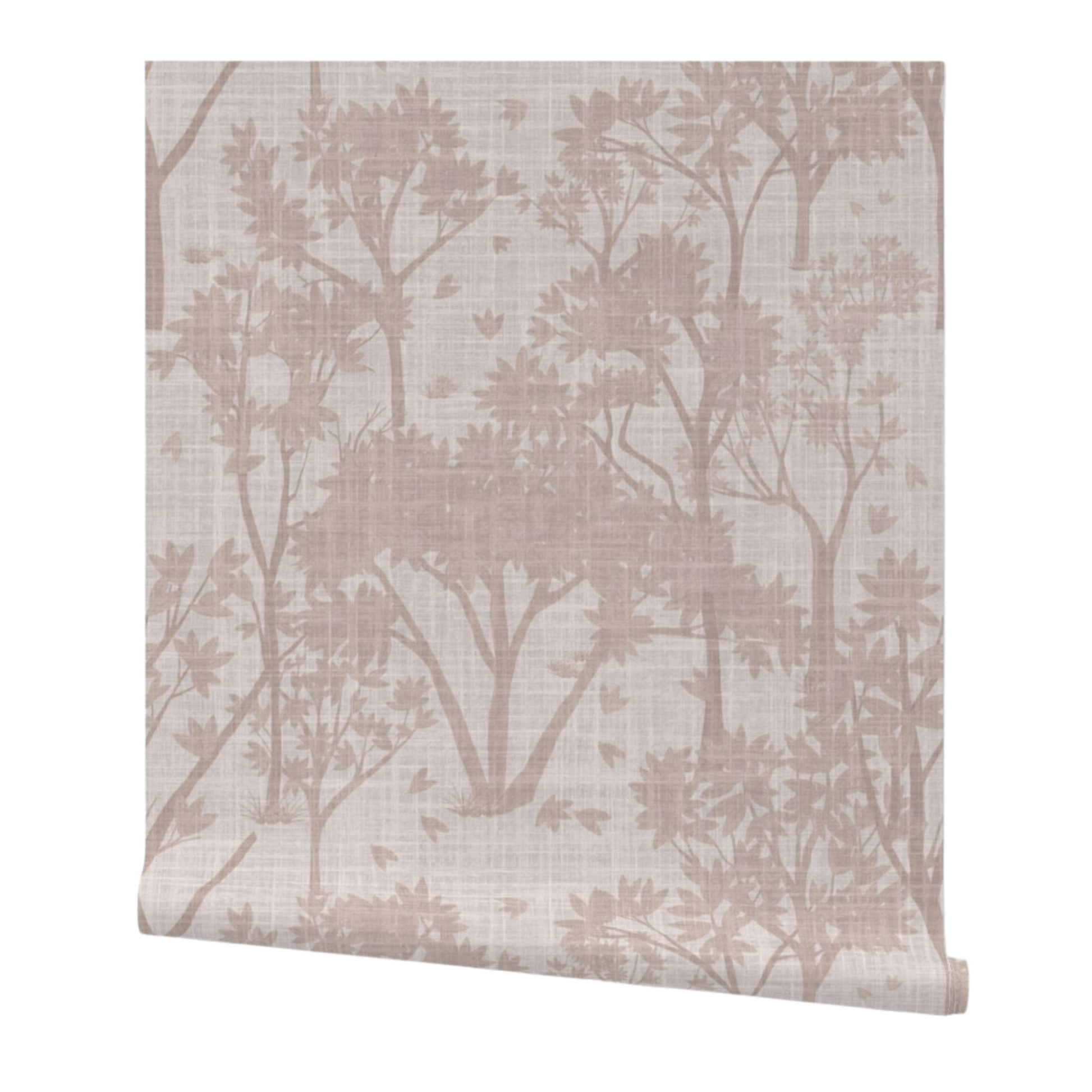partially rolled wallpaper with a garden pattern in a dark beige on a light beige background
