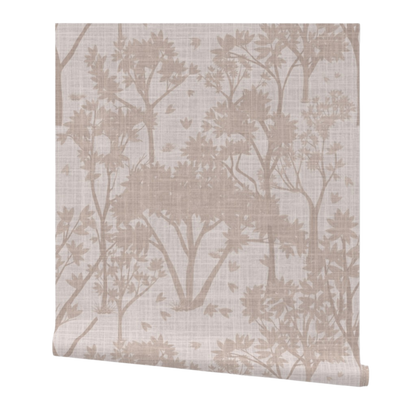 partially rolled wallpaper with a garden pattern in a dark beige on a light beige background