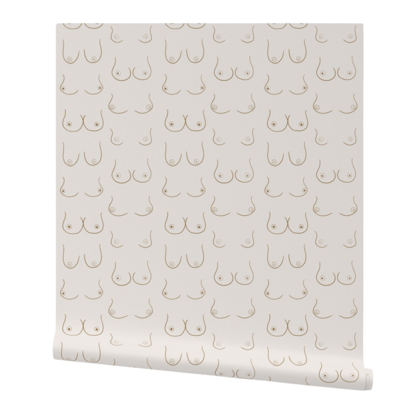 partially rolled wallpaper with light brown hand drawn linework-style illustrations of boobs on a white background