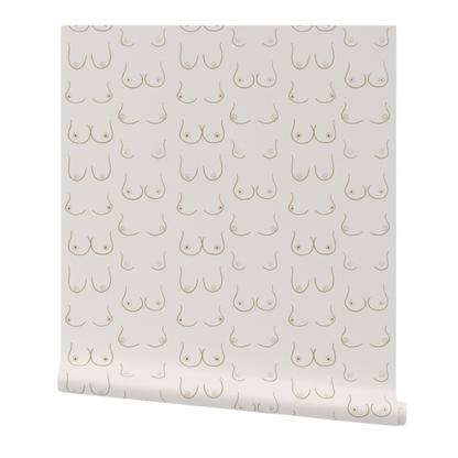 partially rolled wallpaper with light brown hand drawn linework-style illustrations of boobs on a white background