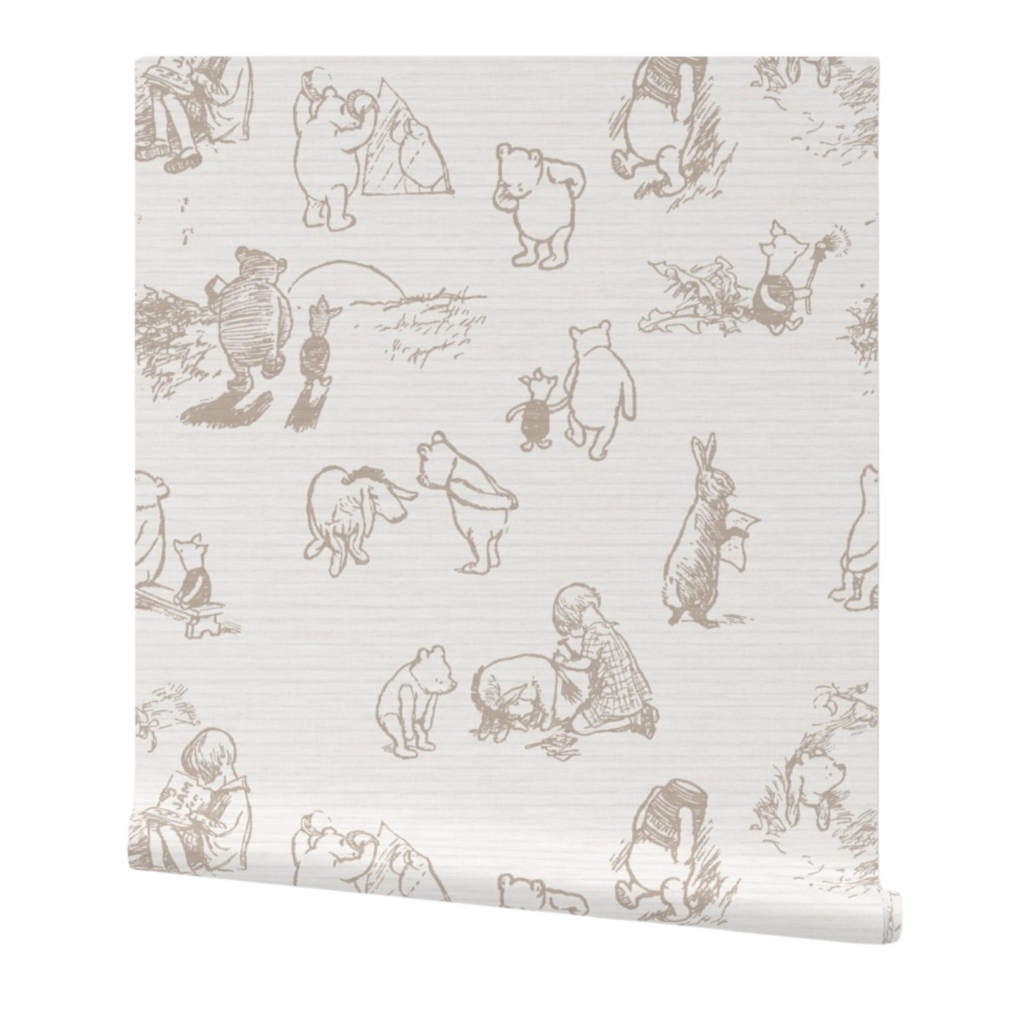 Roll of wallpaper with a vintage Winnie the Pooh pattern on a white background