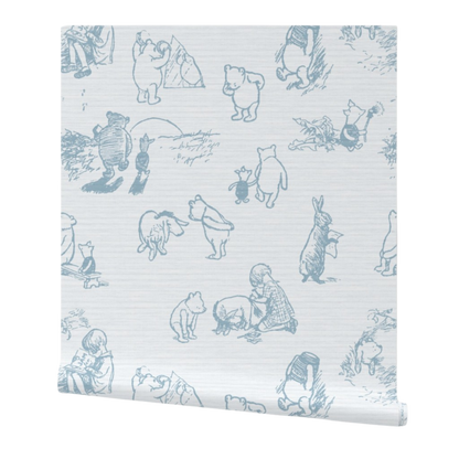 Roll of wallpaper with cartoon characters in blue on a white background