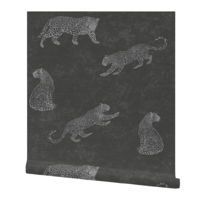 Moody cheetah wallpaper in grayscale with textured tadelakt background