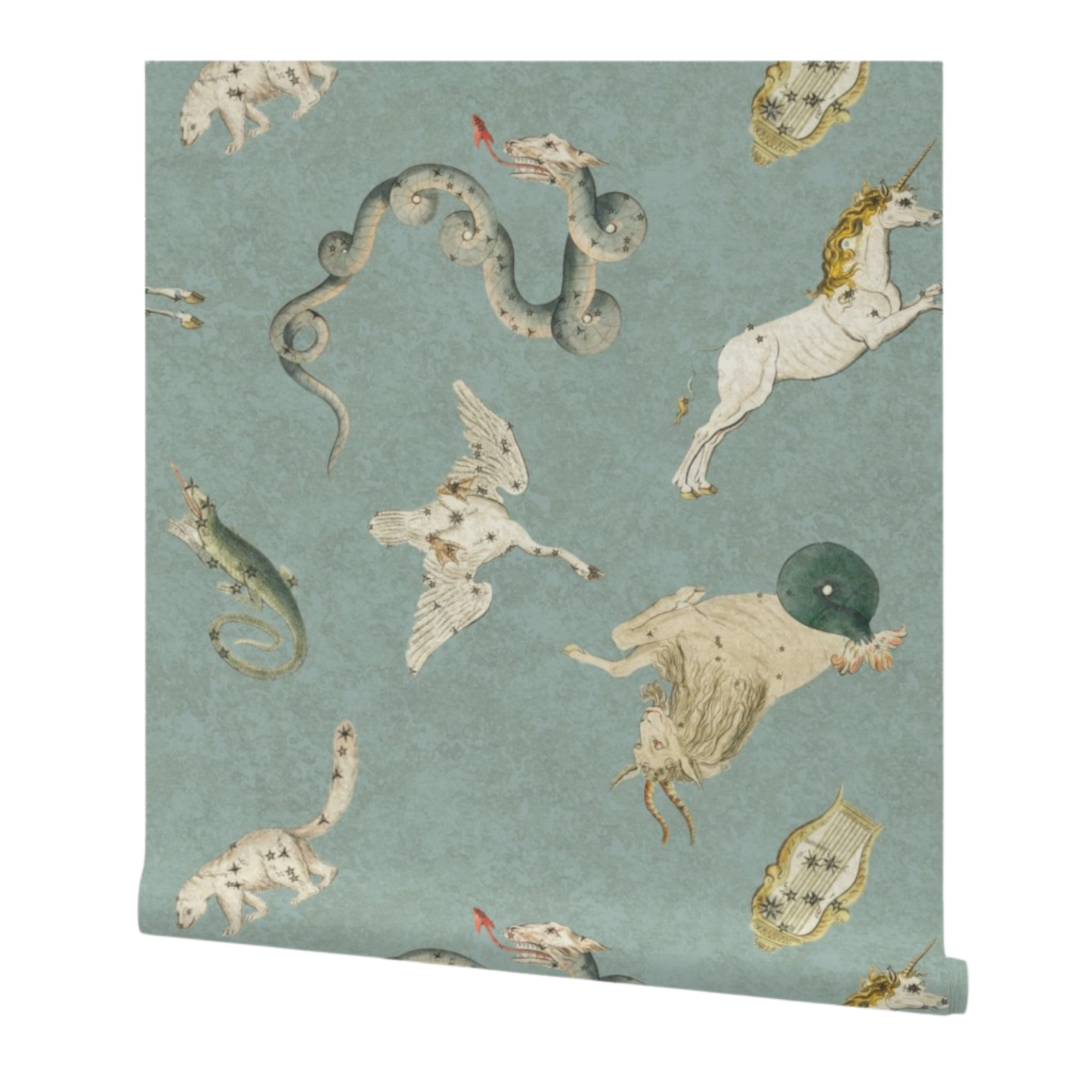 partially rolled wallpaper patterned with illustrations of mythical creatures on a jade background