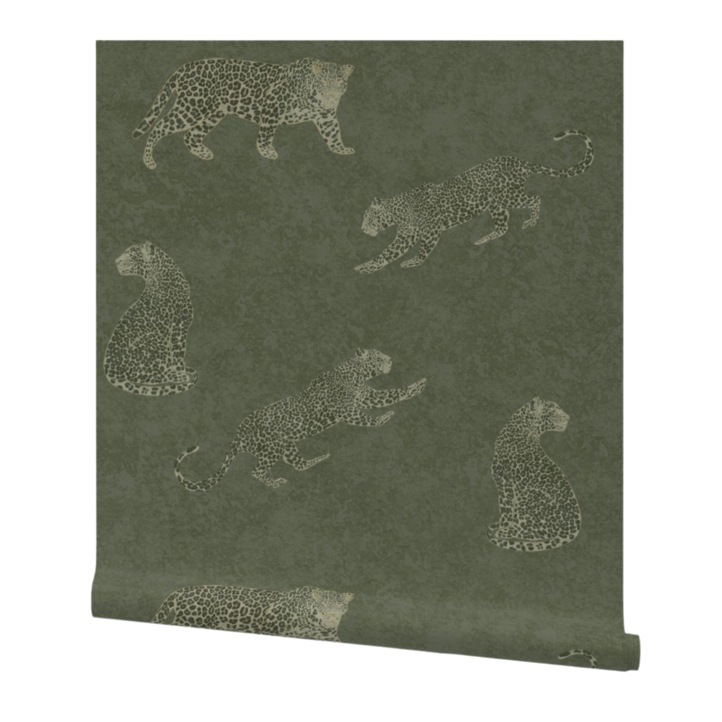 Moody cheetah wallpaper in moss green with textured tadelakt background