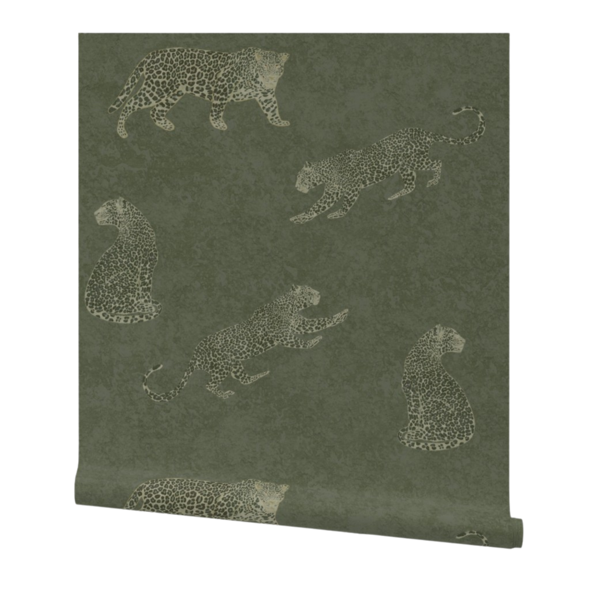 Moody cheetah wallpaper in moss green with textured tadelakt background