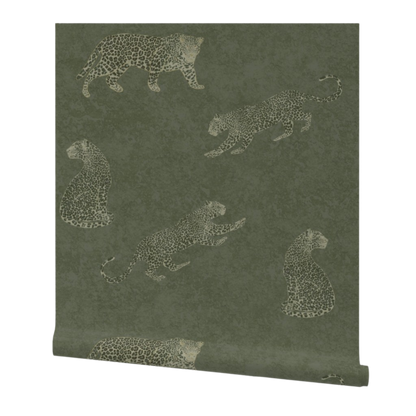 Moody cheetah wallpaper in moss green with textured tadelakt background