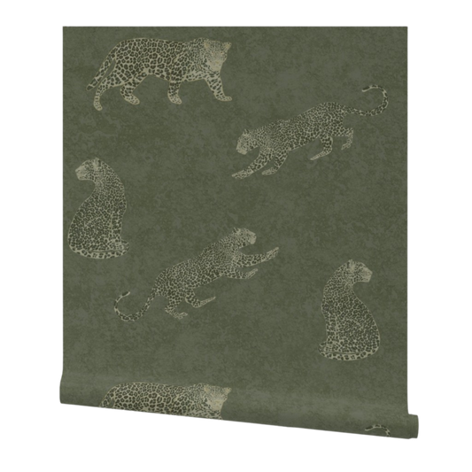 Moody cheetah wallpaper in moss green with textured tadelakt background