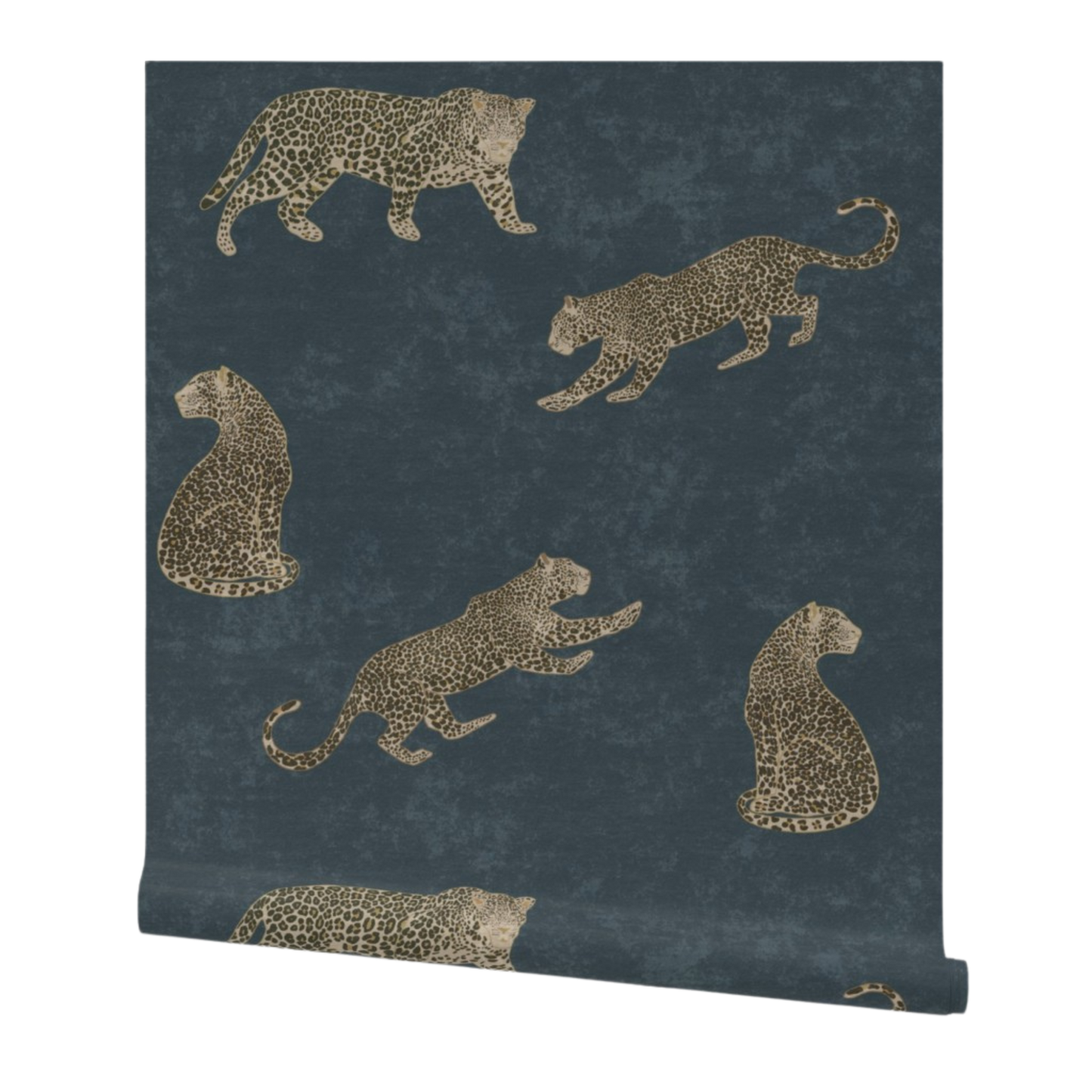 Moody cheetah wallpaper in navy blue with textured tadelakt background