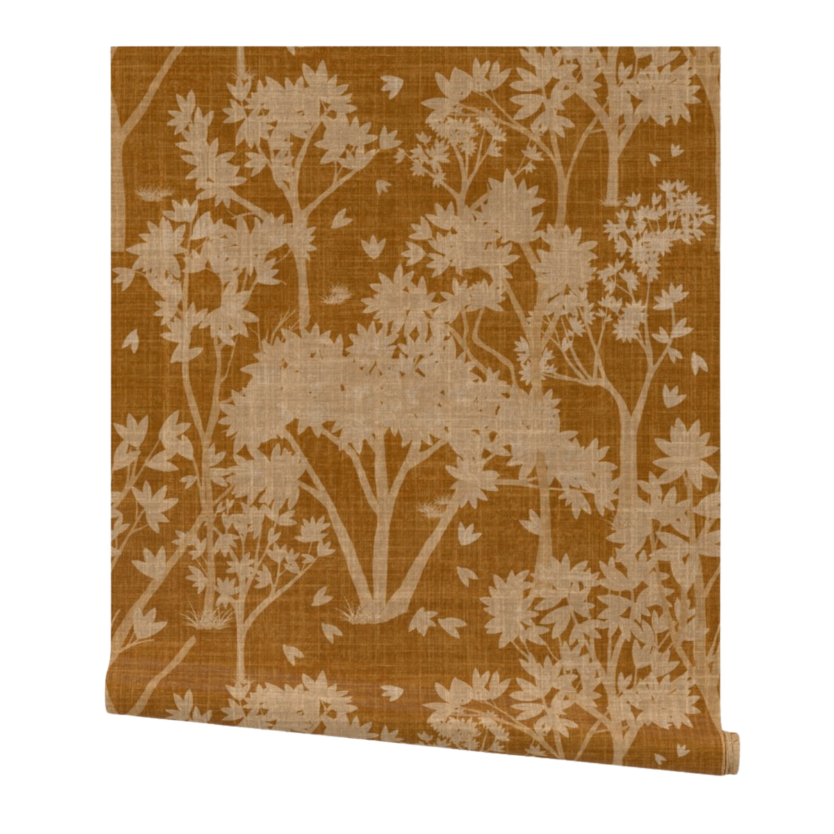 partially rolled wallpaper with a light orange garden pattern on a burnt orange background