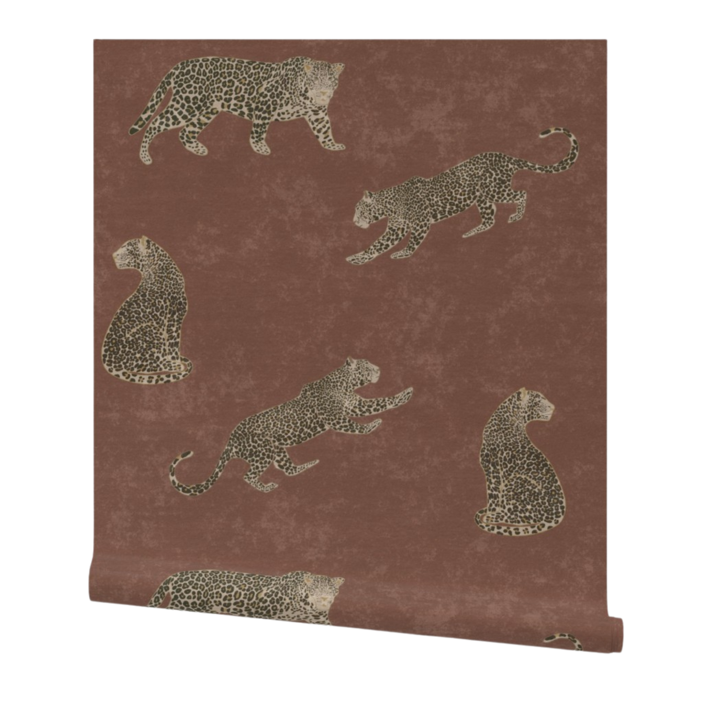 Moody cheetah wallpaper in rust brown with textured tadelakt background