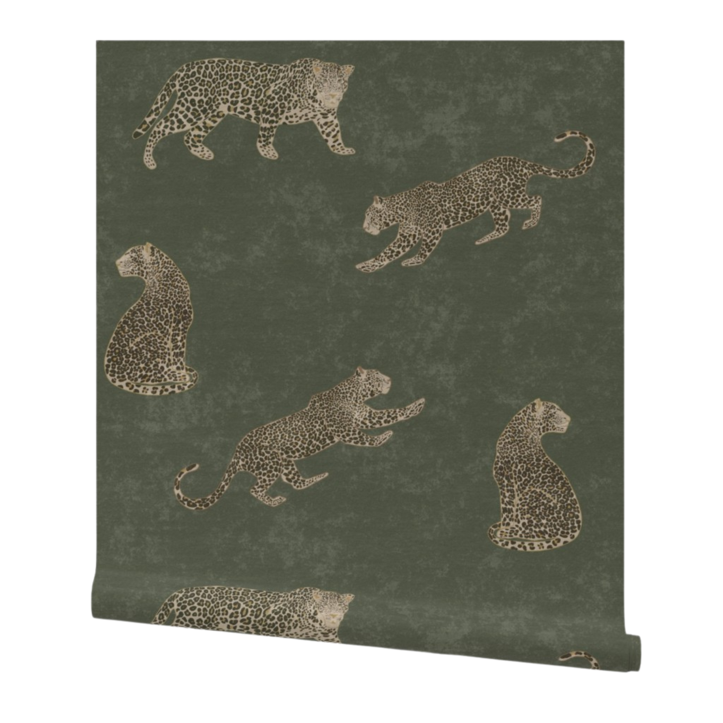 Moody cheetah wallpaper in sage green with textured tadelakt background