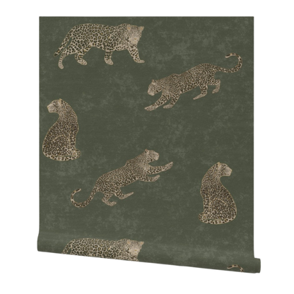 Moody cheetah wallpaper in sage green with textured tadelakt background