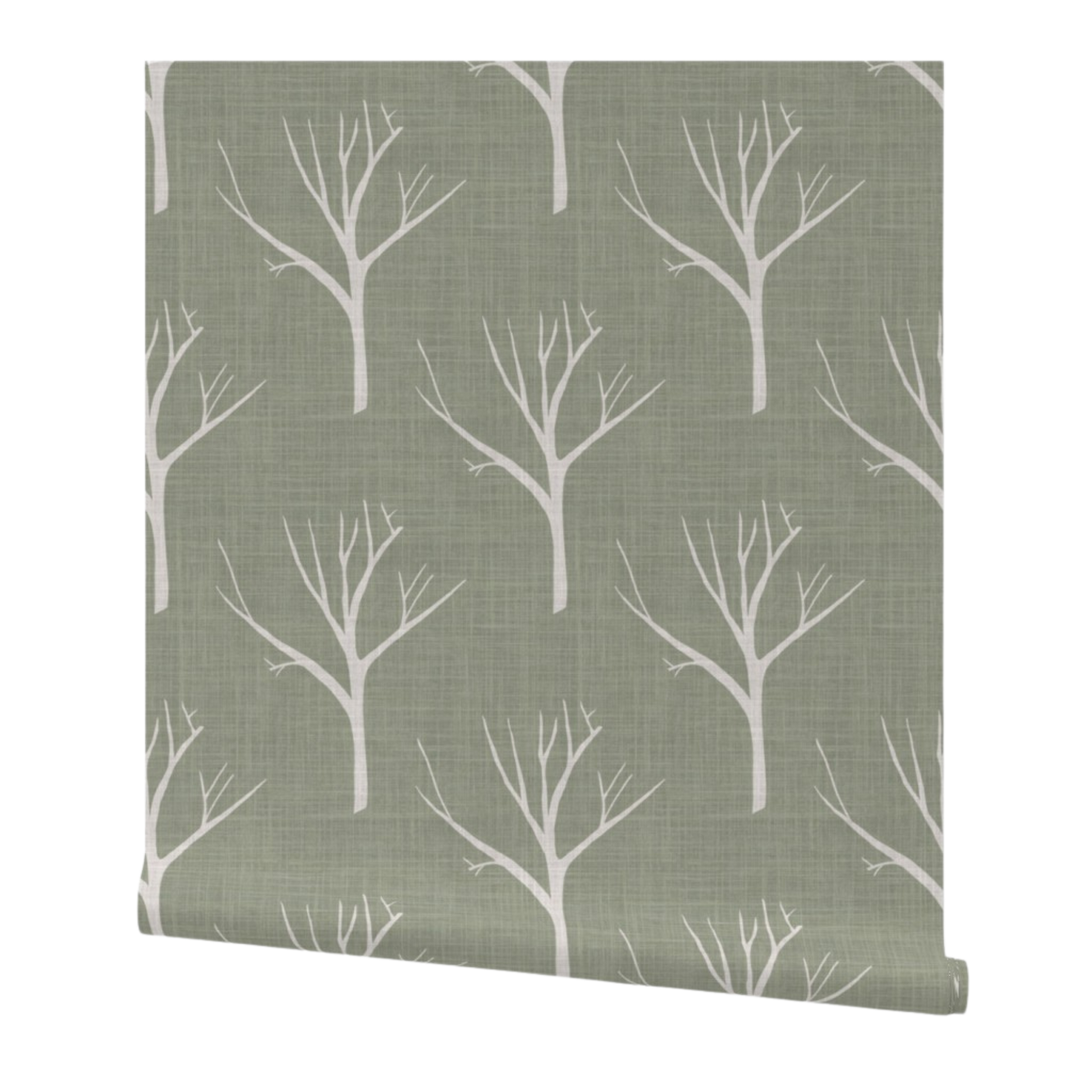 Roll of wallpaper with white tree branches on a green background
