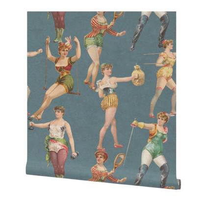 partially rolled wallpaper with vintage-style illustrations of victorian women working out on a blue background