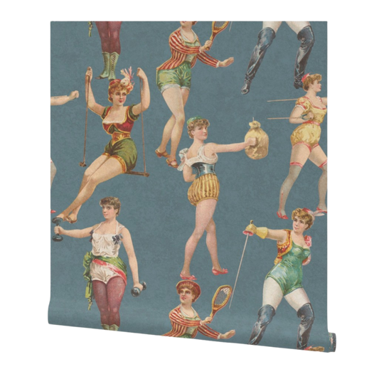 partially rolled wallpaper with vintage-style illustrations of victorian women working out on a blue background