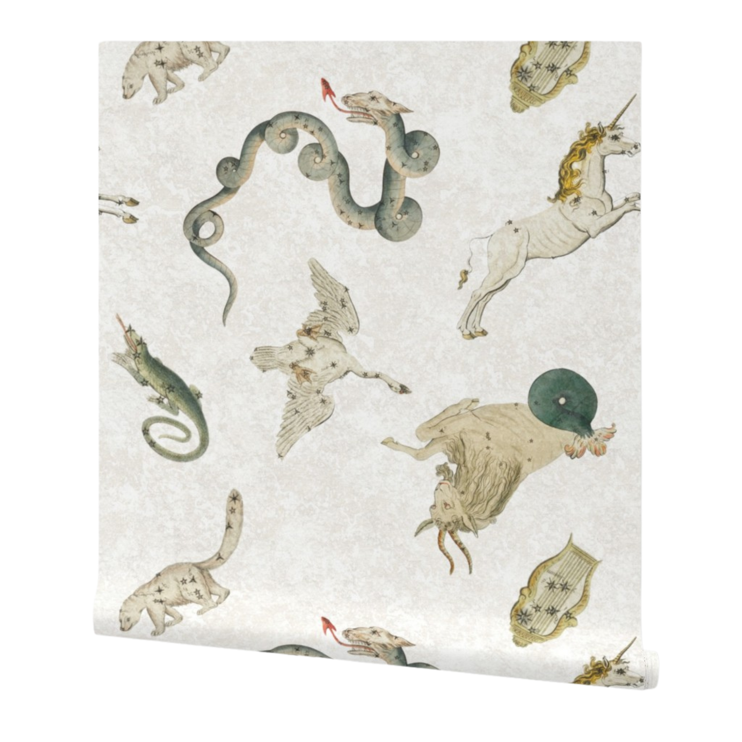 partially rolled wallpaper patterned with illustrations of mythical creatures on a white background