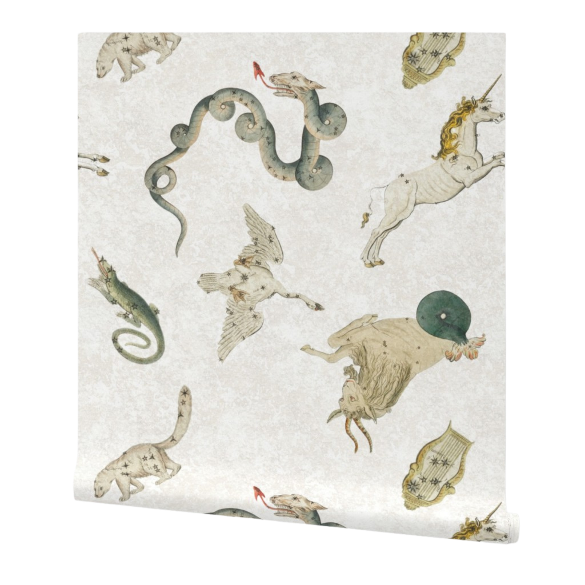 partially rolled wallpaper patterned with illustrations of mythical creatures on a white background