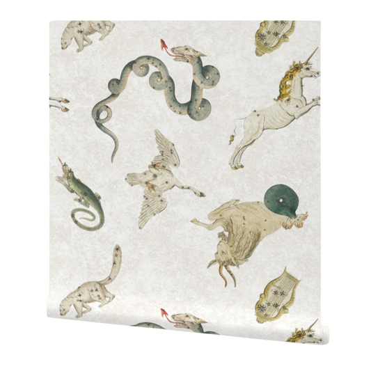 partially rolled wallpaper patterned with illustrations of mythical creatures on a white background